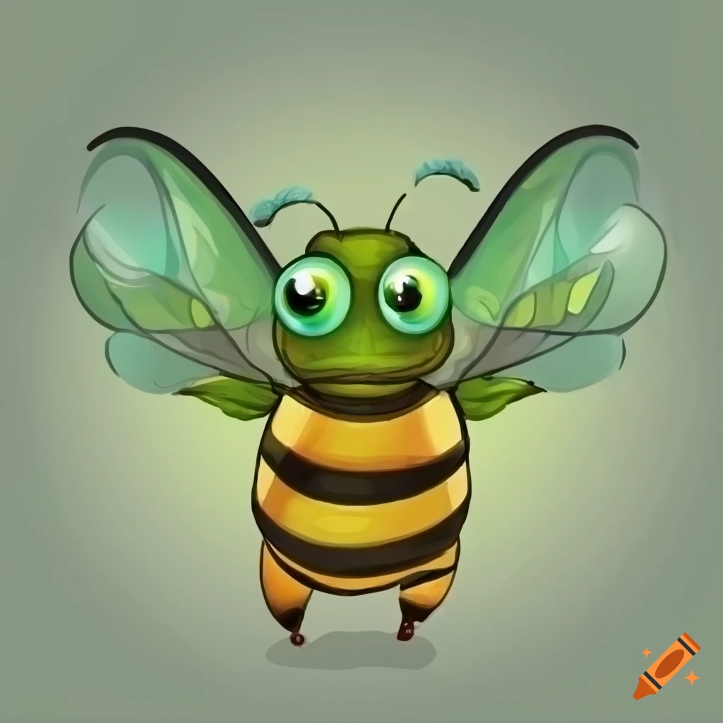 cartoon-style bee with big green eyes