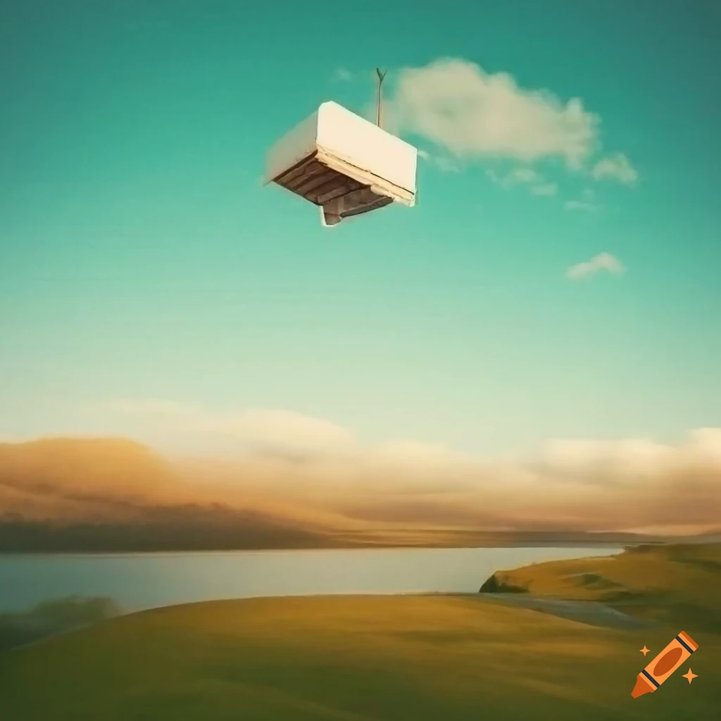 surreal landscape with a floating house