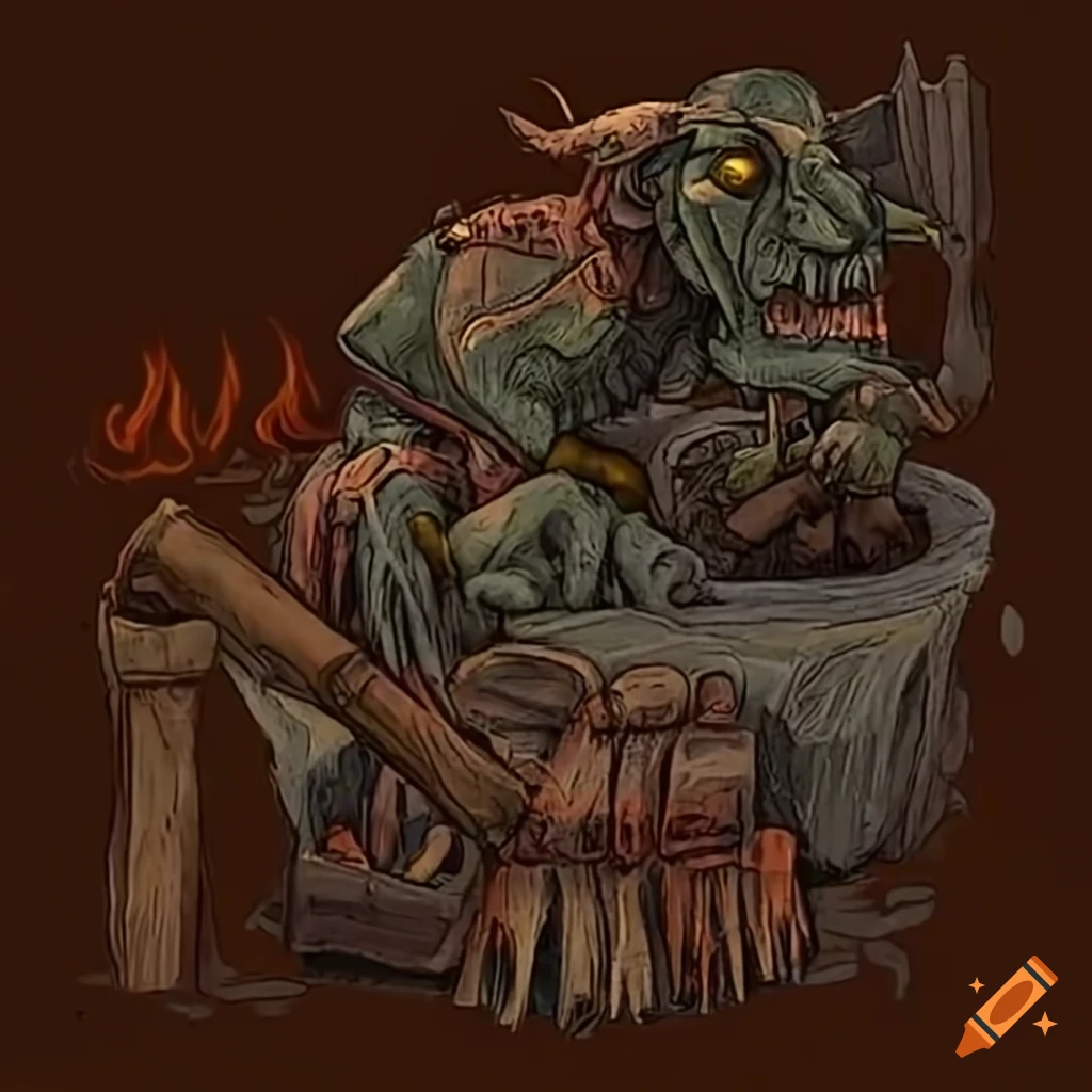 fantasy artwork of goblin blacksmiths working on a robot