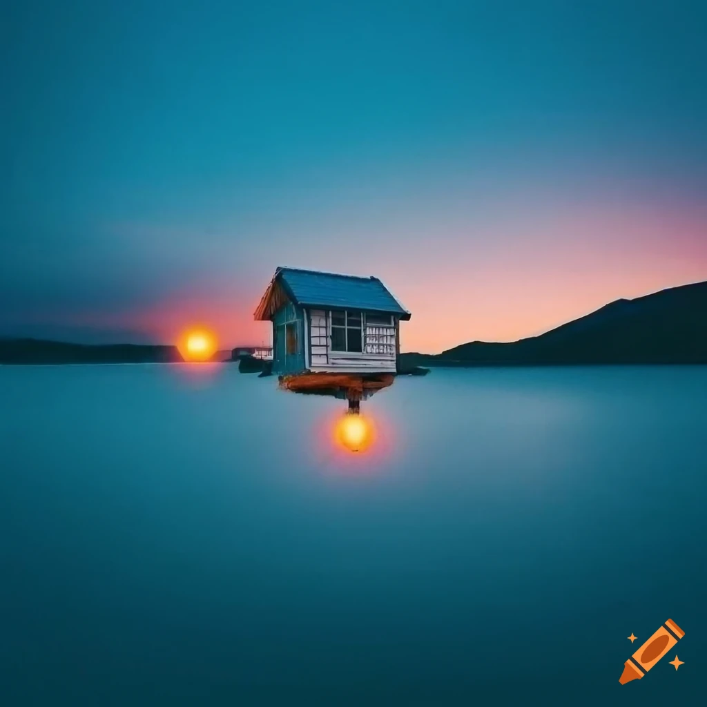 surreal nature landscape with floating house at sunset