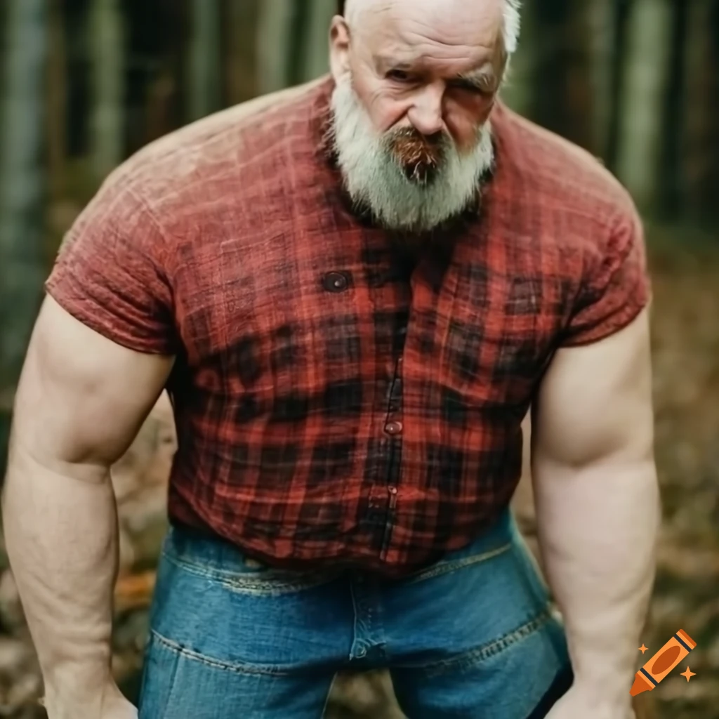 photo of an old man with a beard and muscular arms in a forest