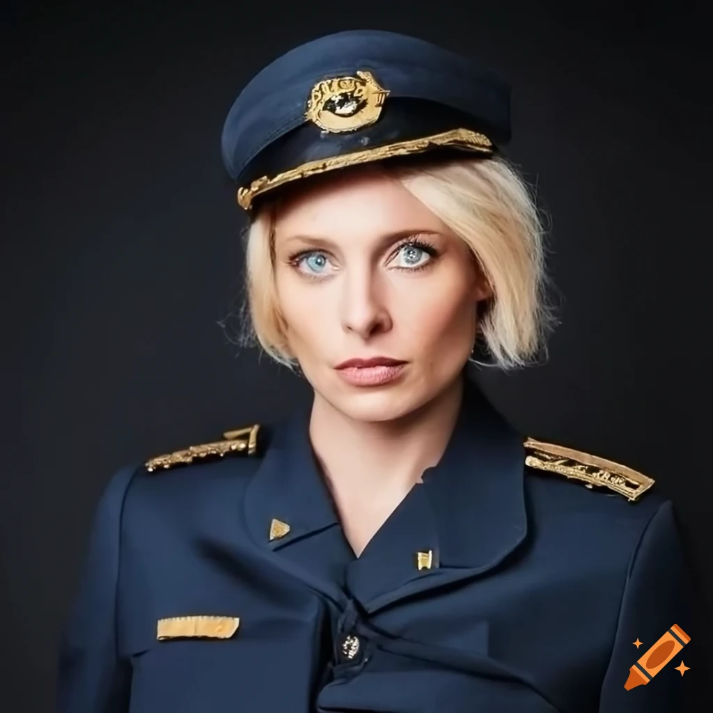 portrait of a blonde woman wearing a captain's hat