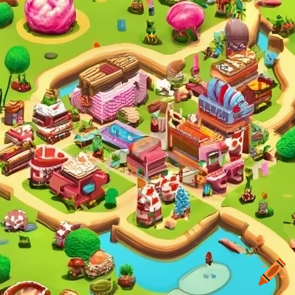 Illustration of a candy town map on Craiyon
