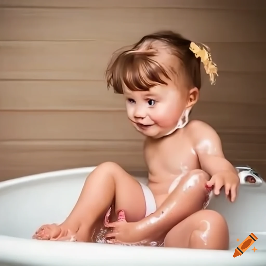 adorable toddler girl washing her toes in the tub
