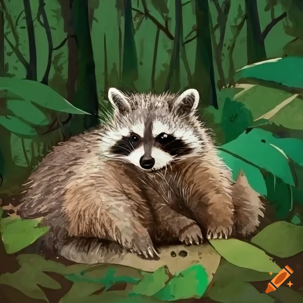 watercolor of a sleeping raccoon under a leaf in a forest