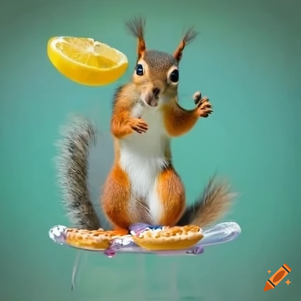 Squirrels eating lemon pies on floating balloons on Craiyon