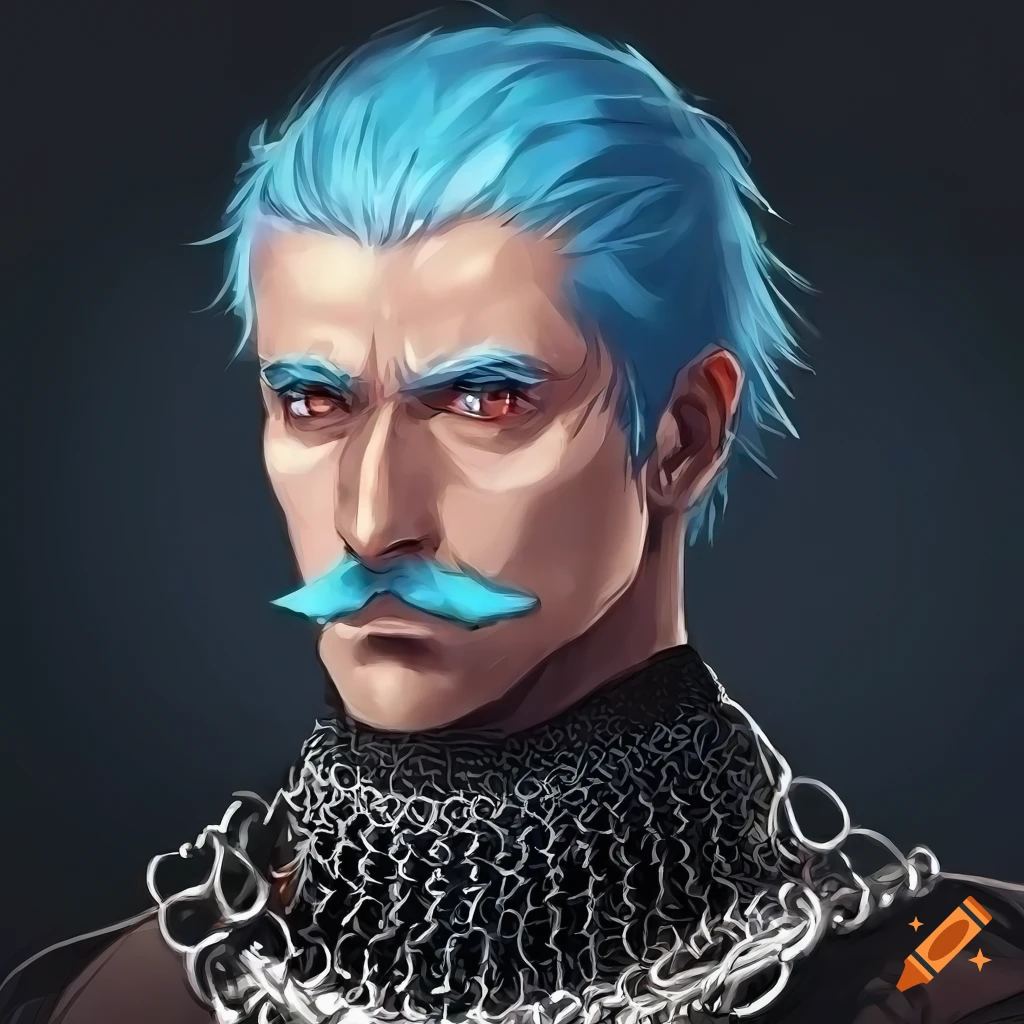 anime-style portrait of a middle-aged man with blue hair and a mustache