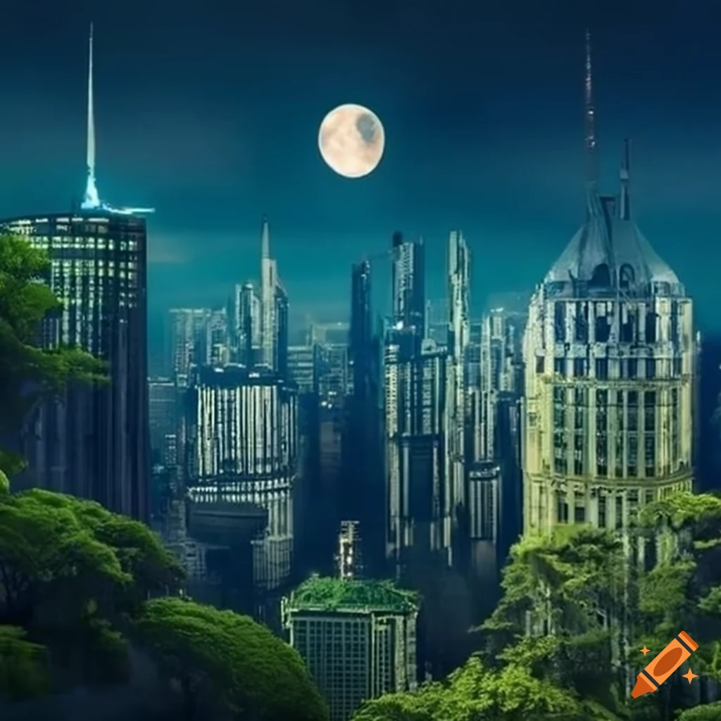night sky with trees growing out of skyscrapers