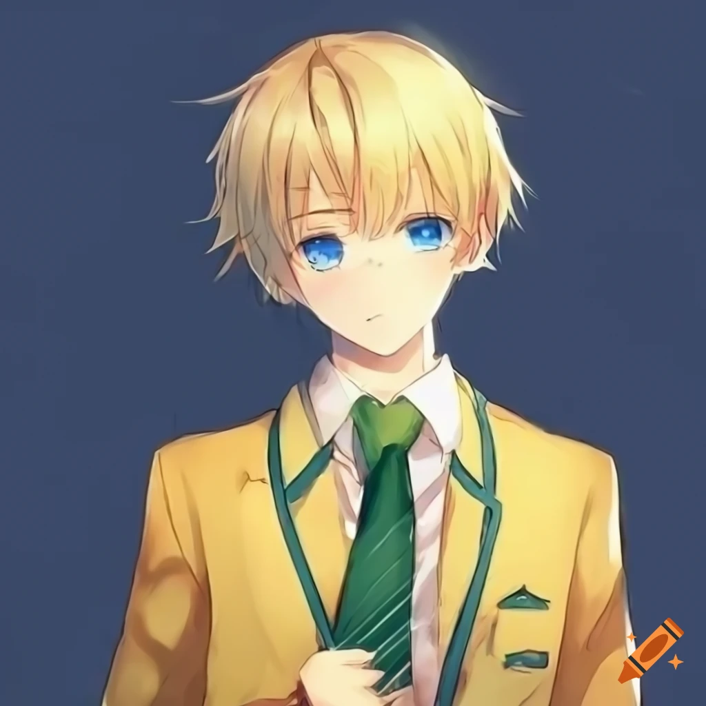 anime boy with blond hair and blue eyes in school uniform