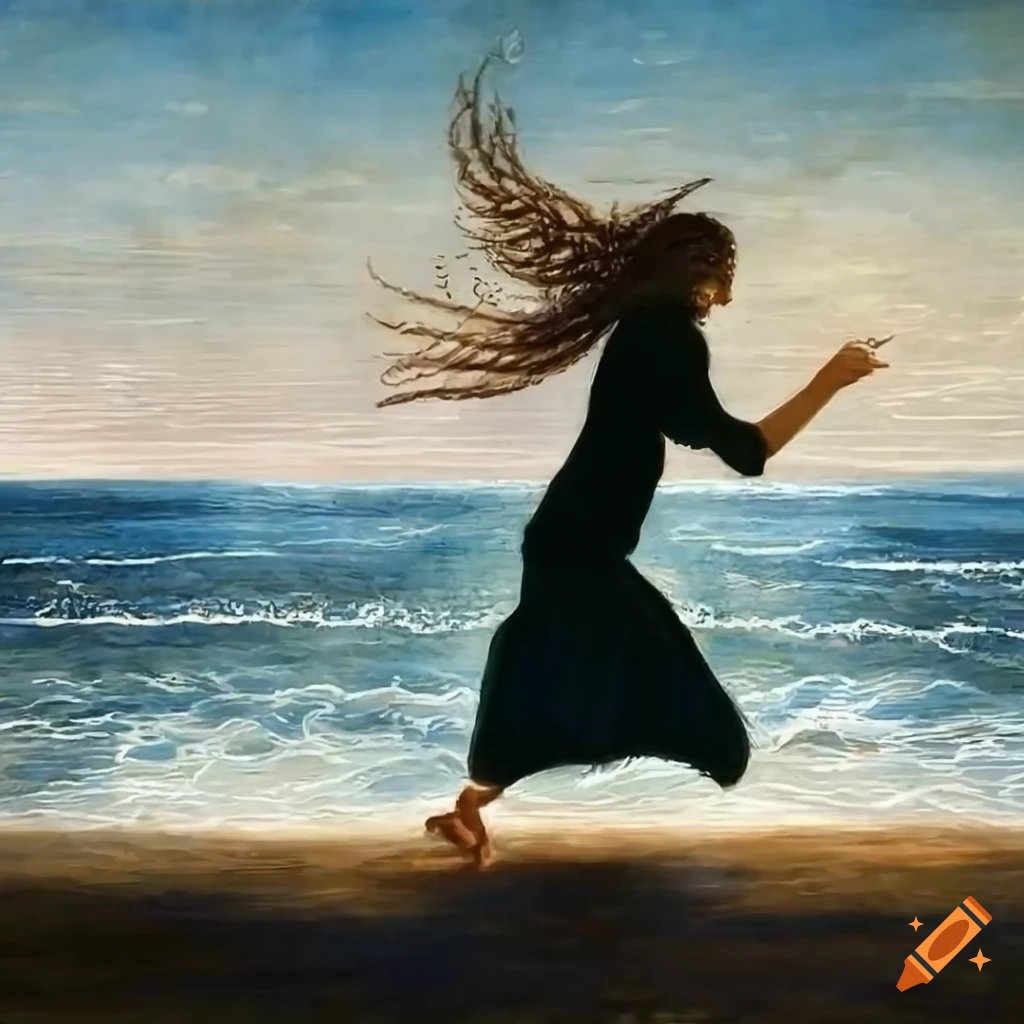 Artistic depiction of a girl running on the beach on Craiyon