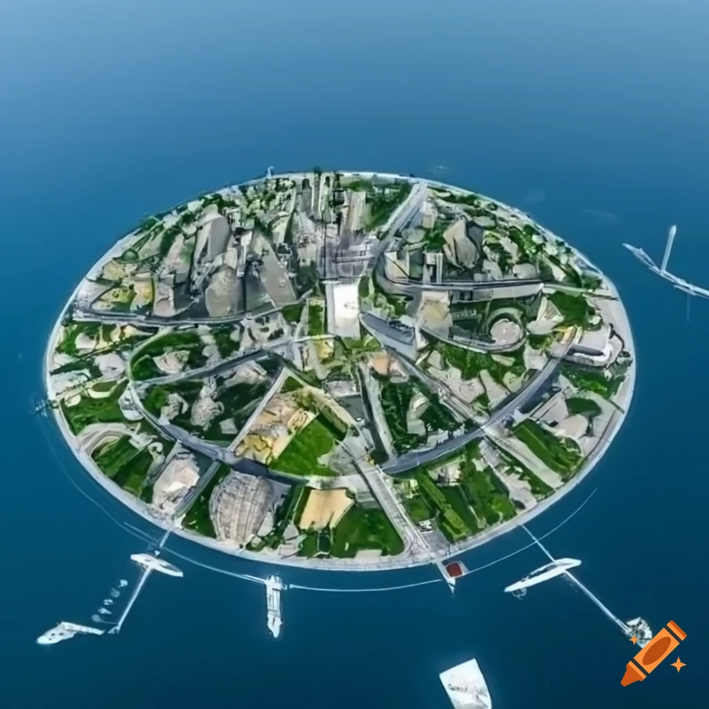 Aerial view of a futuristic ecological city surrounded by ocean on Craiyon