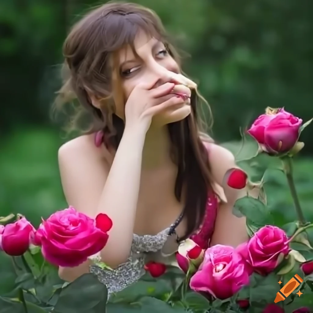 Fashionable woman walking in a blooming rose garden on Craiyon