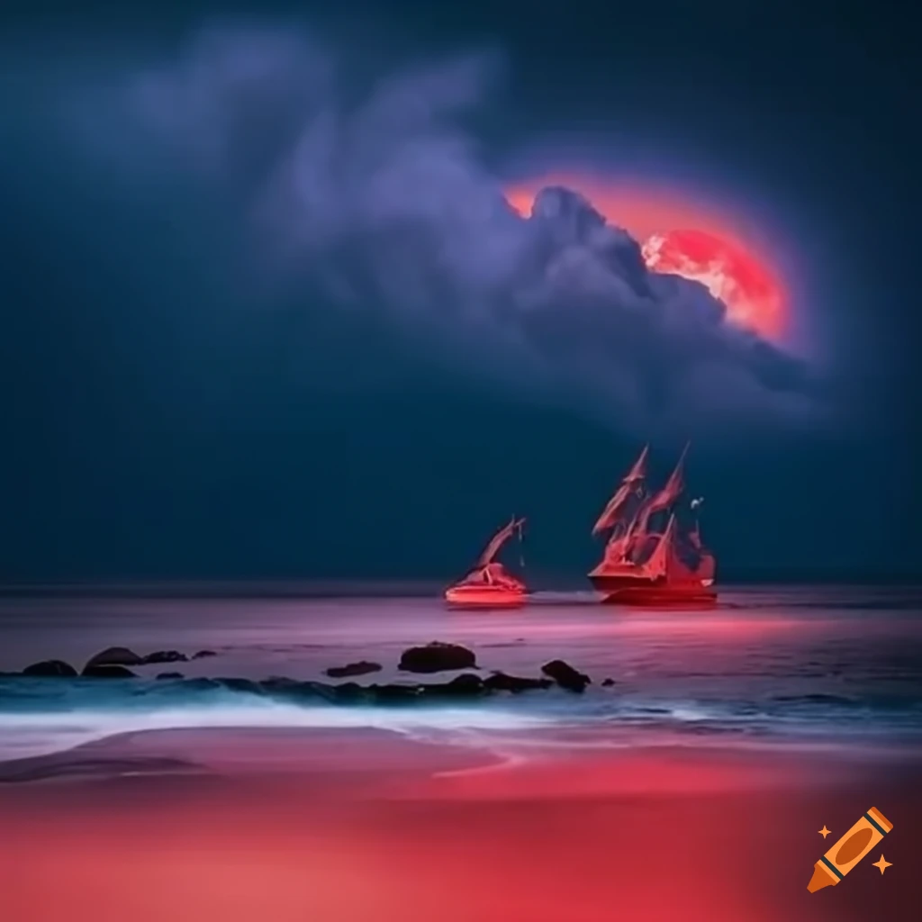 Ship at the shore under red moon and big waves on craiyon