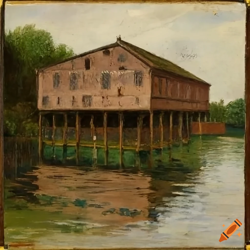 abandoned industrial building on stilts over a lake