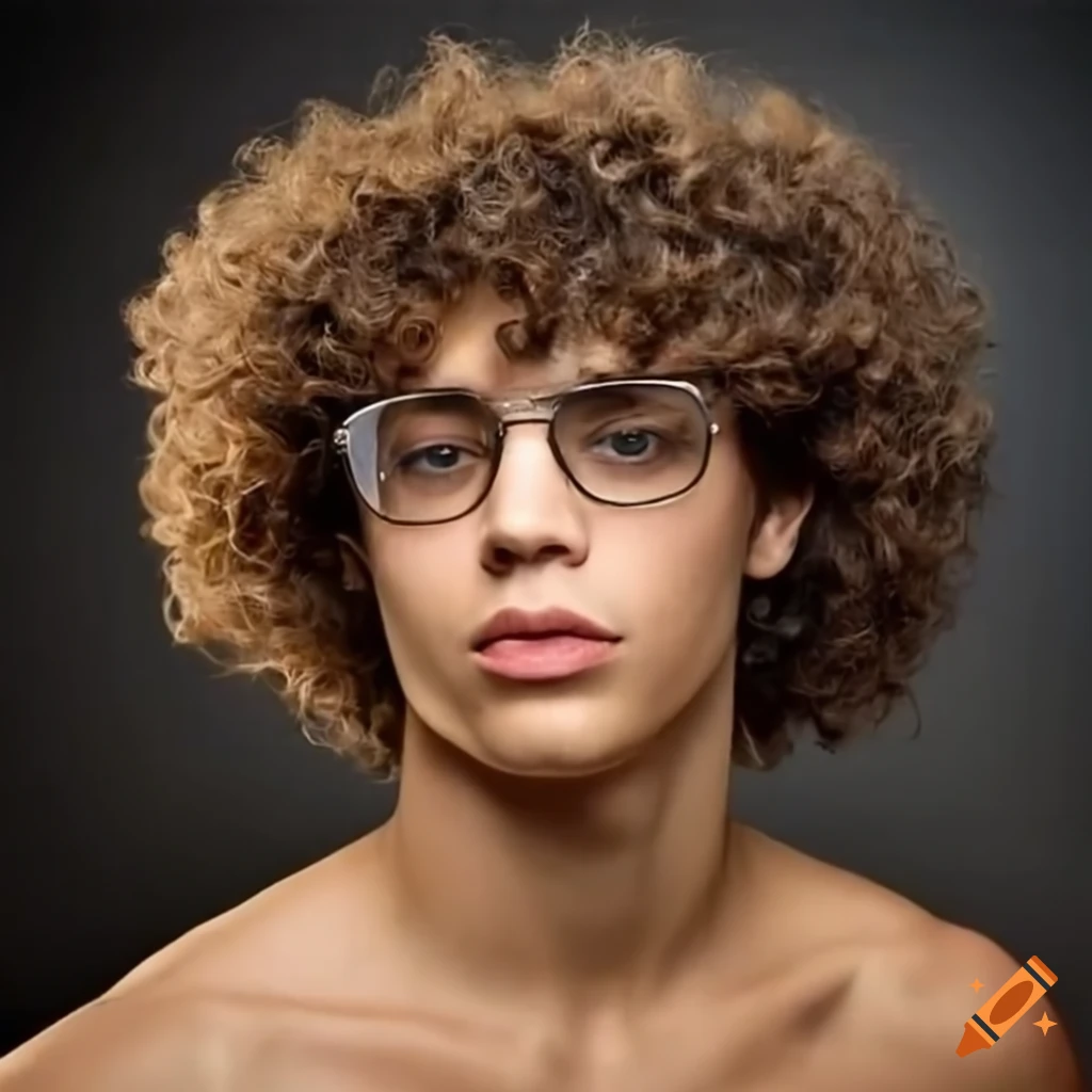 Attractive young man with curly hair and glasses on Craiyon