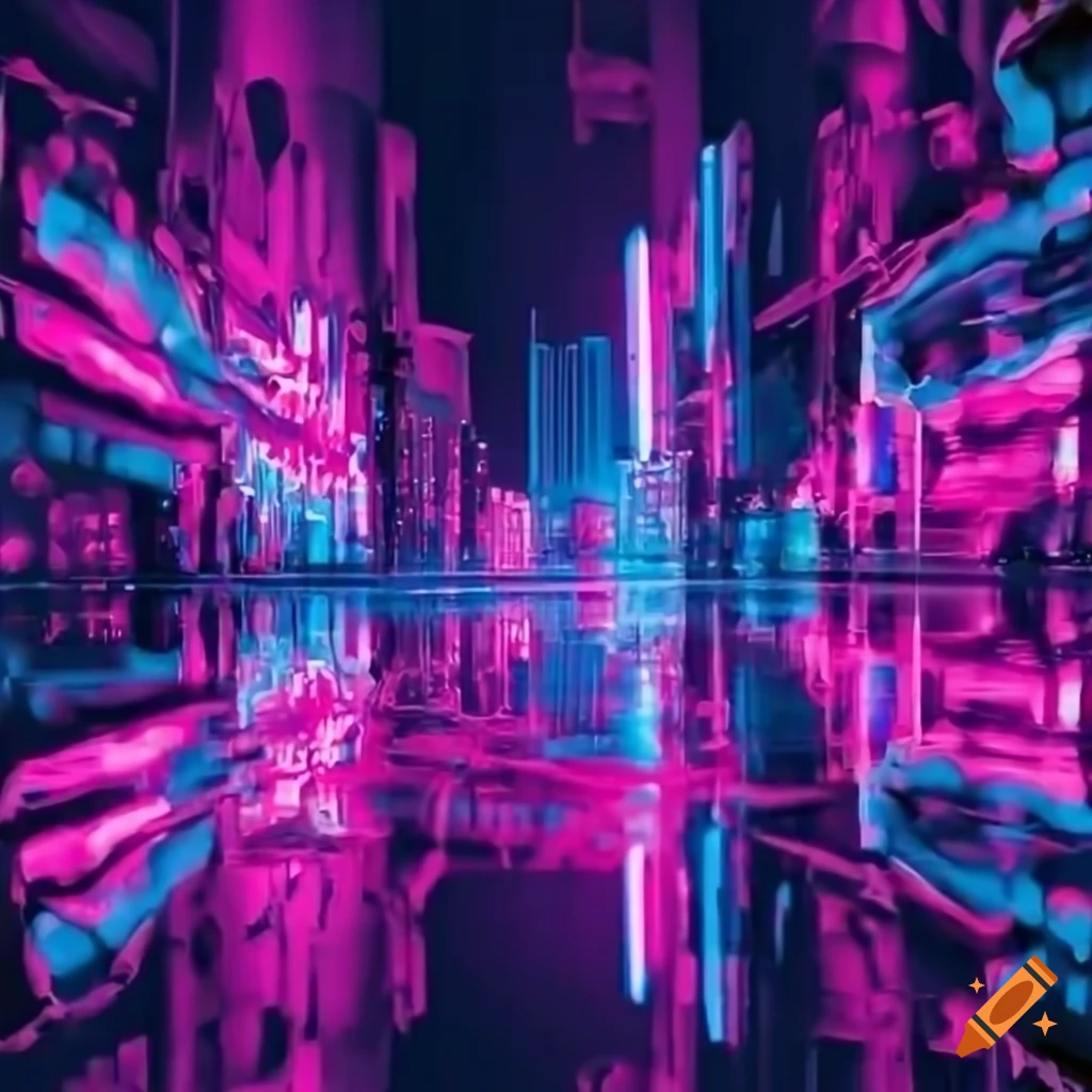 futuristic city with vibrant pink neon lights