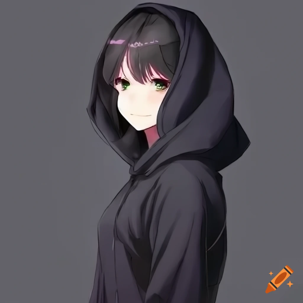 anime girl with black hair wearing a black hoodie