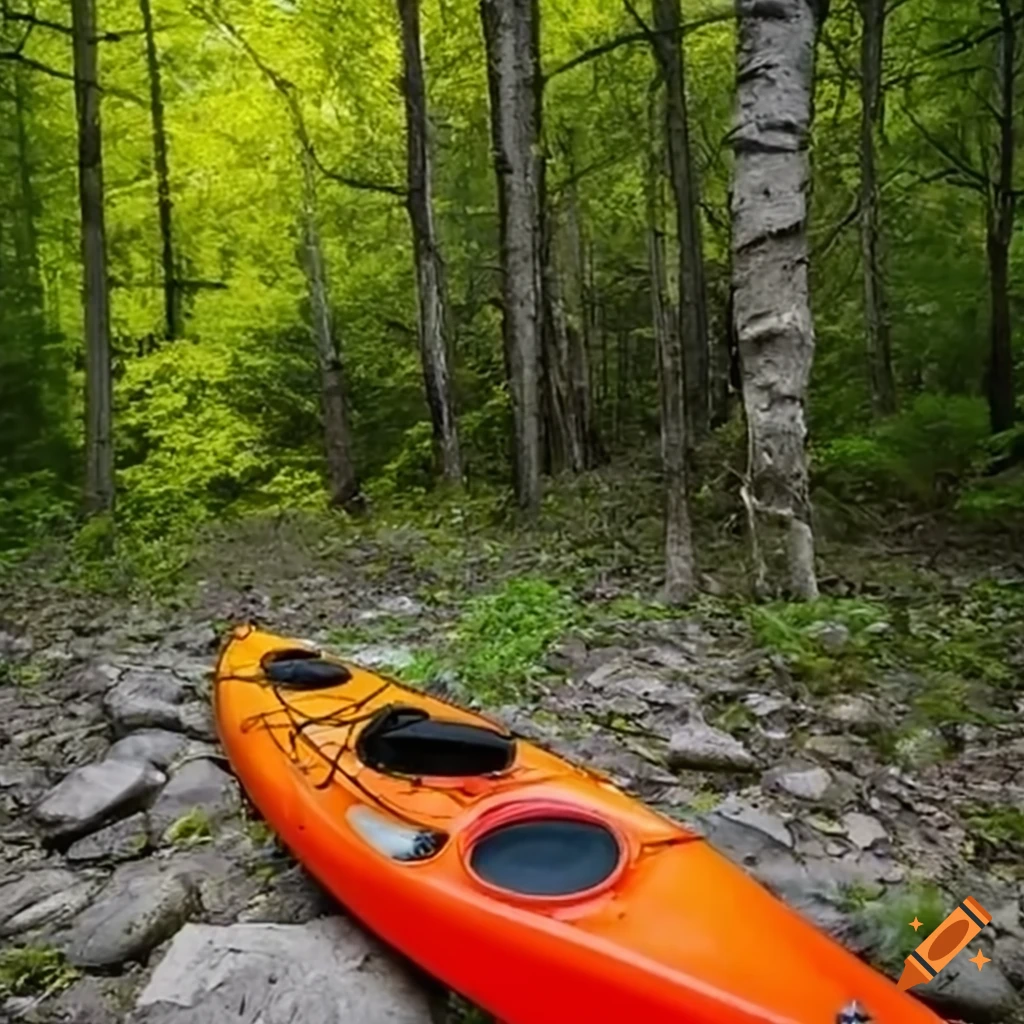 hiking boots next to a kayak in the forest
