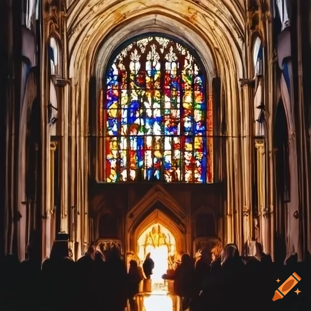 Stained glass window illuminating people in a church