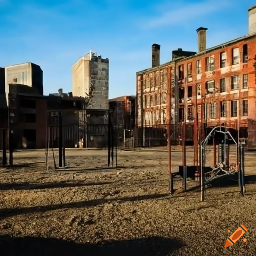 abandoned school playground in a rundown city
