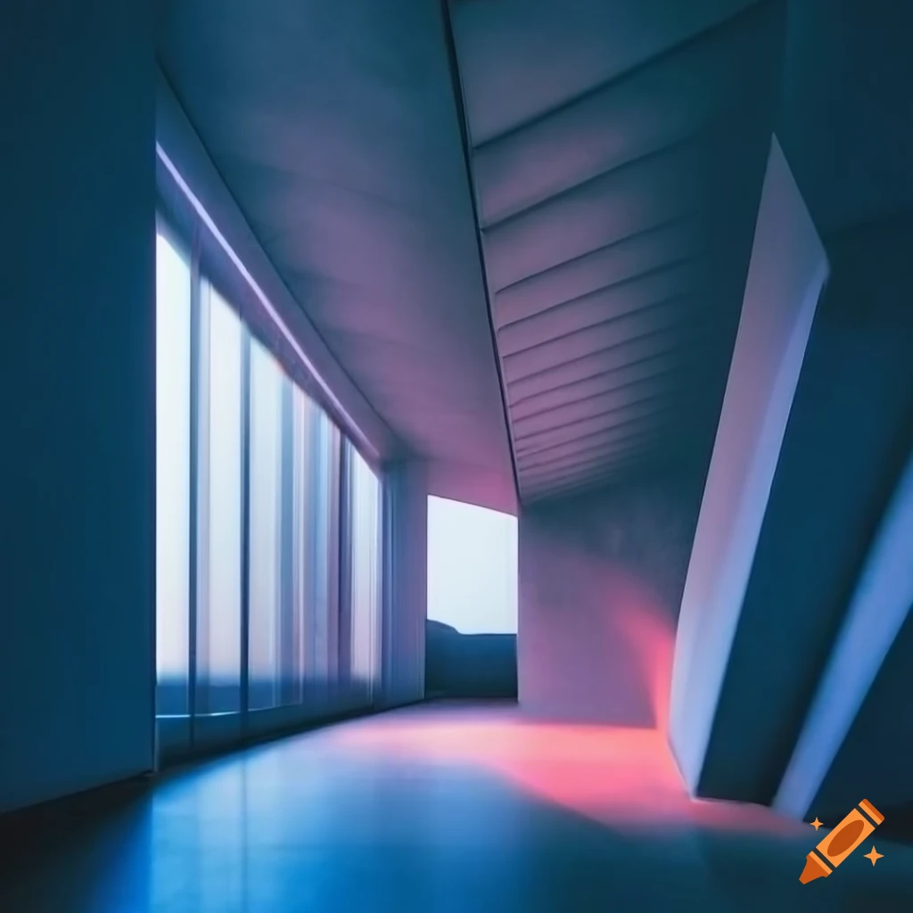 dreamy concrete hall with frameless windows at sunset