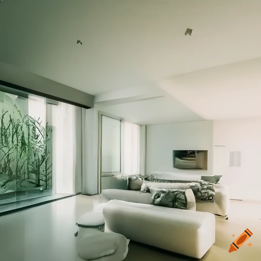 View of Luxury apartment interior with frameless windows and beautiful sunset ...