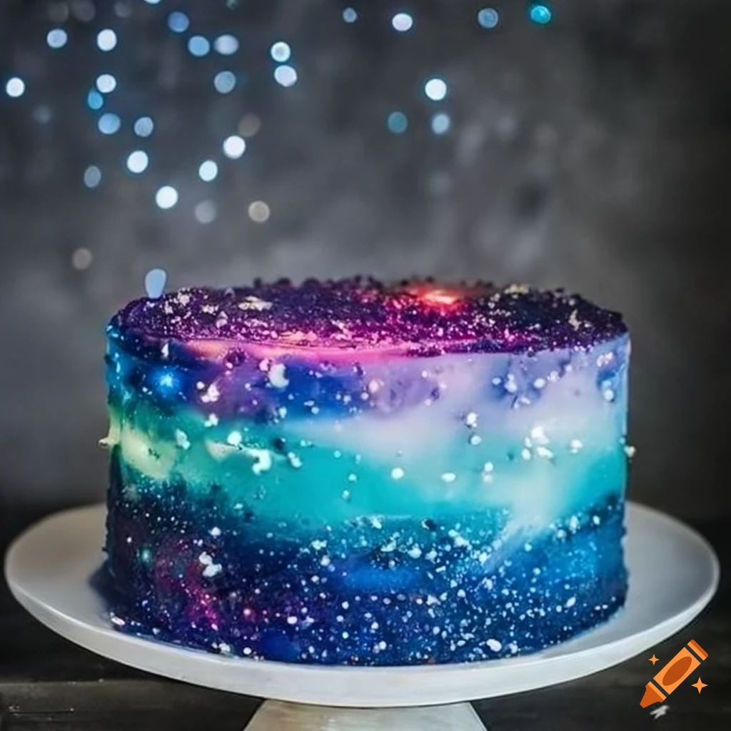 Galaxy-themed cake with sparkling decorations on Craiyon