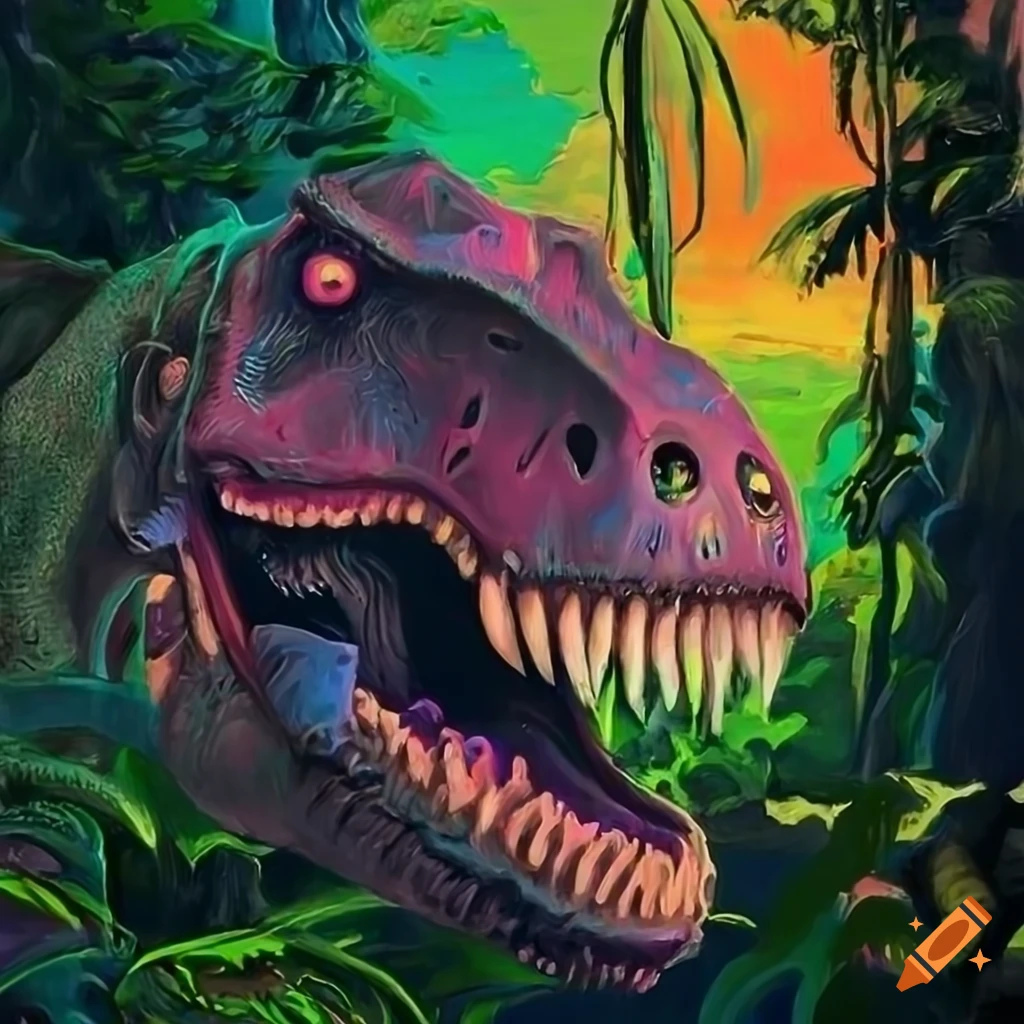 Renaissance oil painting of a vaporwave robot T-rex in a jungle