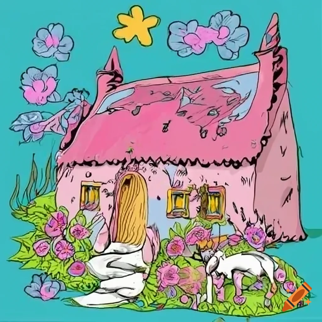 cottage in Scotland with fairies and a pink-horned unicorn