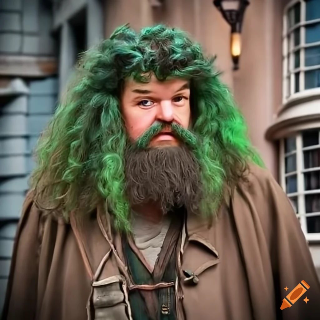 Hagrid in diagon alley with green hair on Craiyon