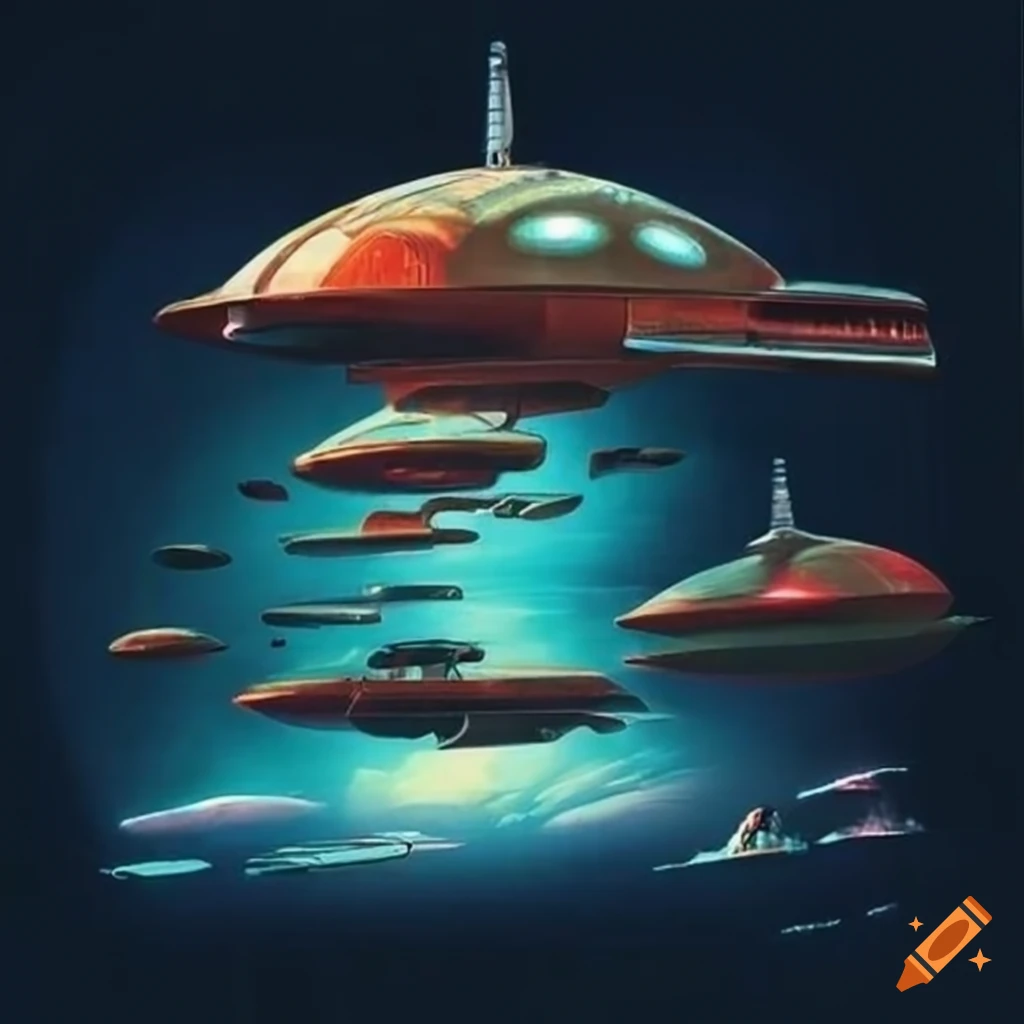 Retrofuturistic design with flying saucers and ray guns on Craiyon