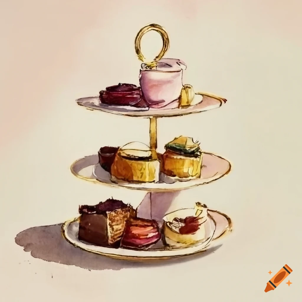 Etagere for afternoon tea, tea pot and champagne glasses on Craiyon