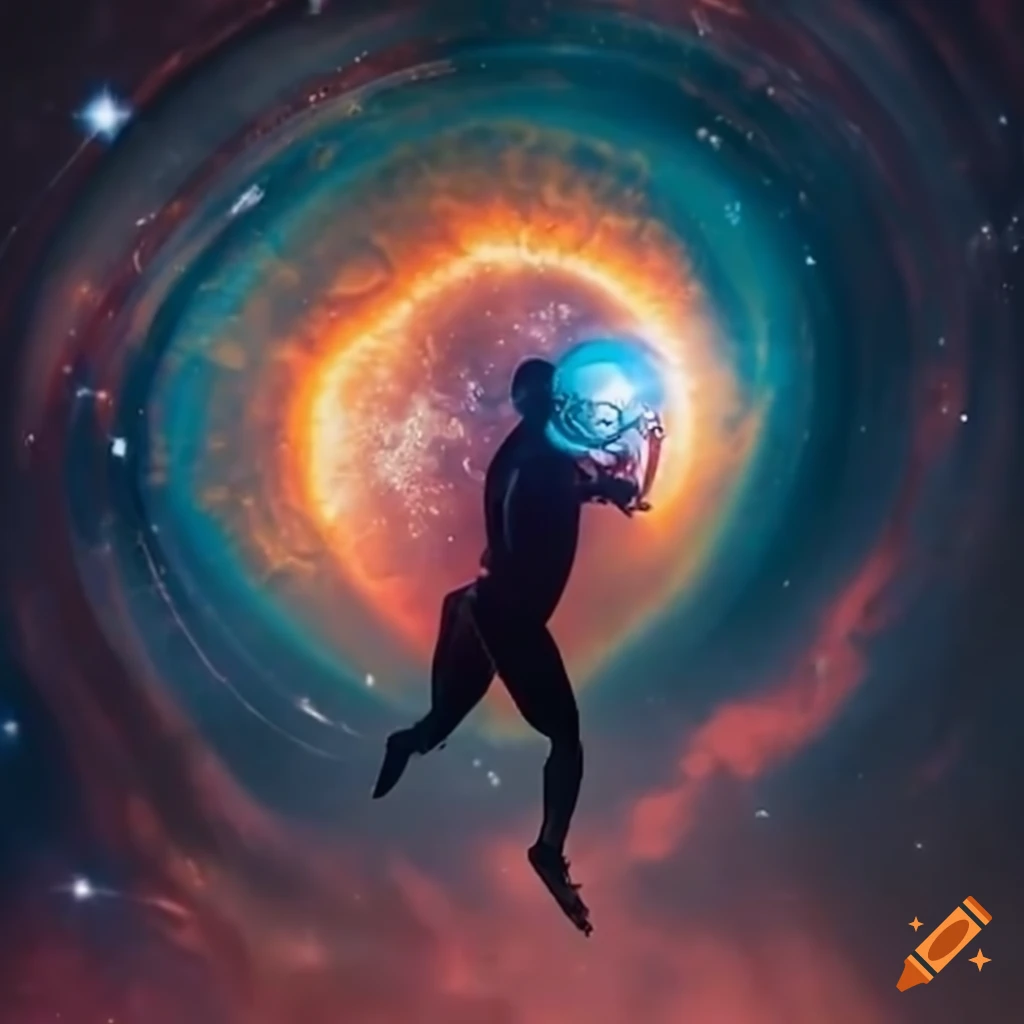 digital art of a man diving through an eye-shaped nebula