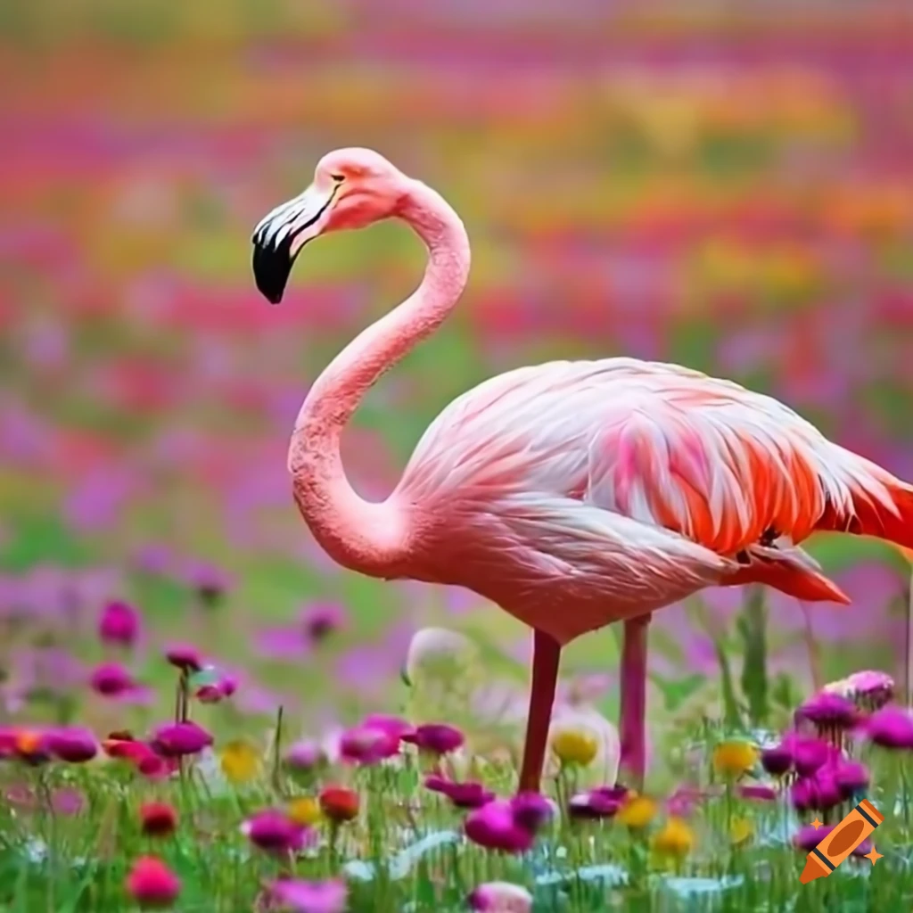 flamingo standing in a field of colorful flowers