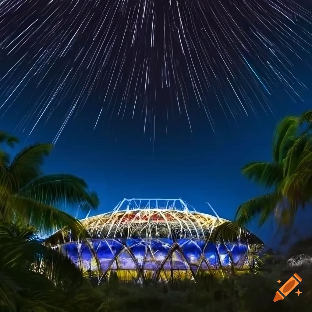 photograph of palm trees under shooting stars in the night