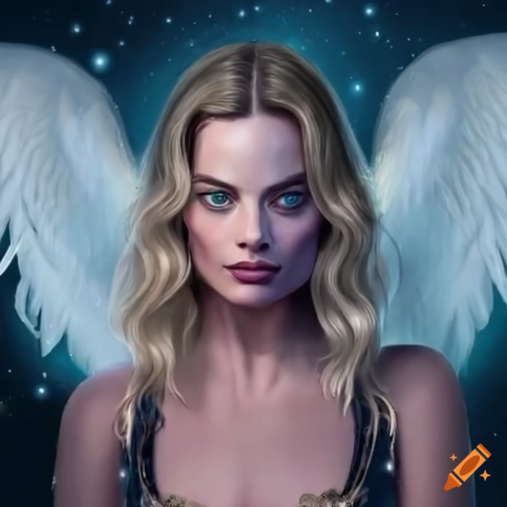 Hd image of margot robbie as a celestial angel on Craiyon