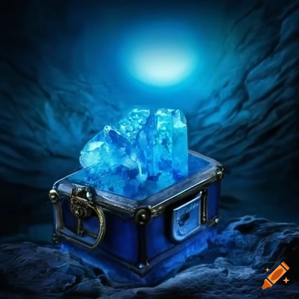A golden treasure chest with one diamond in the chest have a lot of treasure  and a glowing bule magic stone on Craiyon