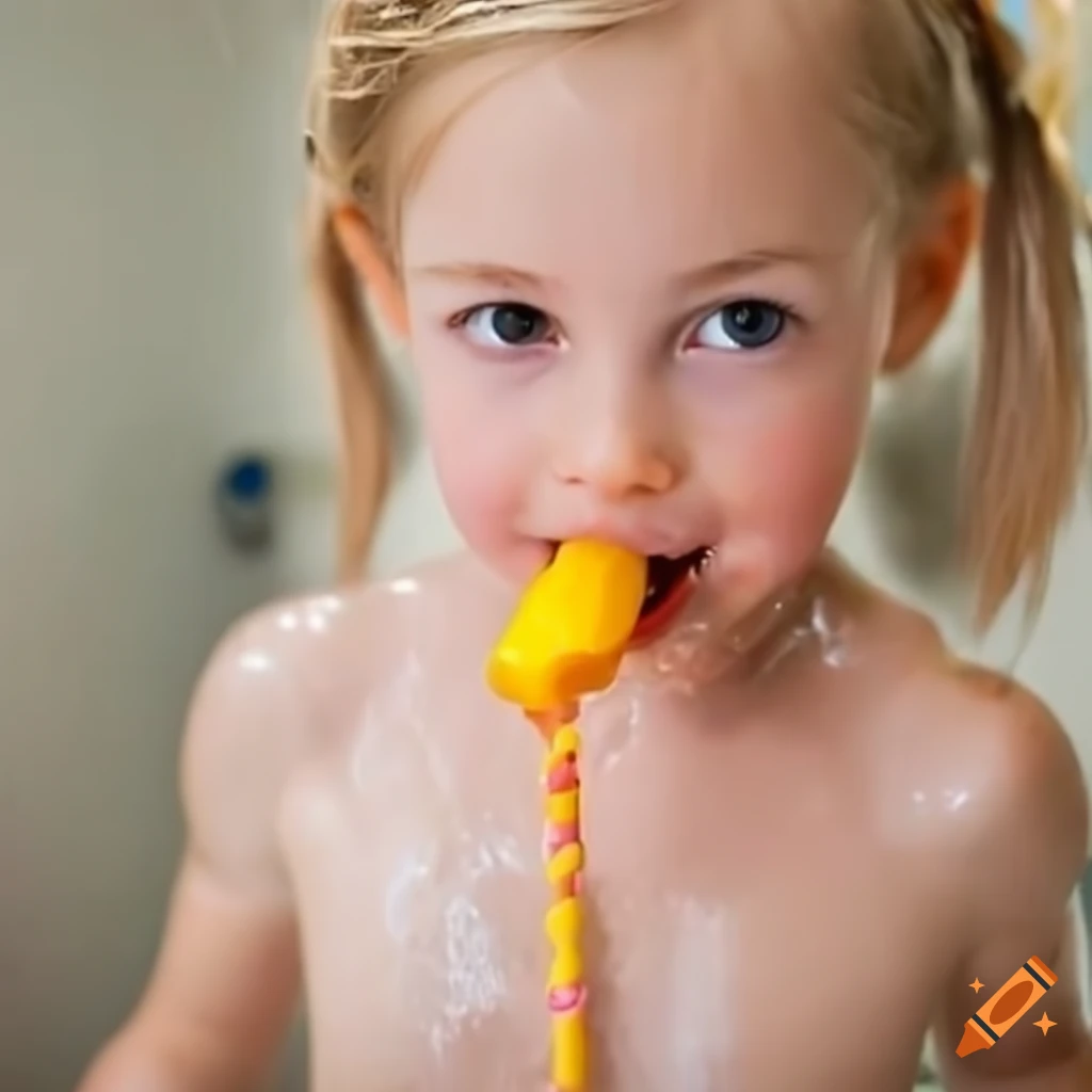 blonde toddler girl enjoying a popsicle during bath time