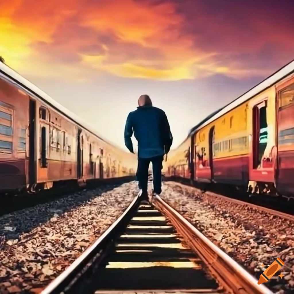 image of two men balancing on train rails