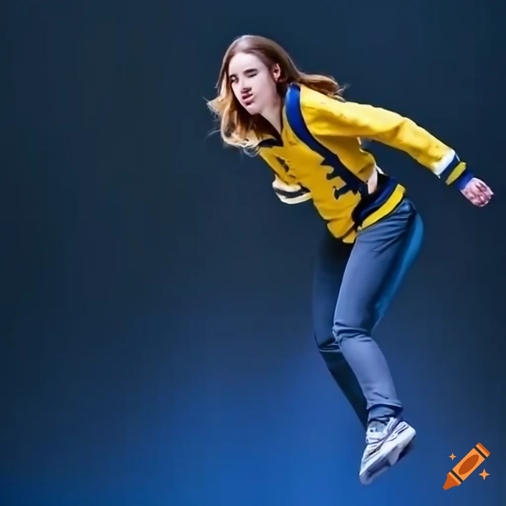 college woman jumping in a varsity jacket