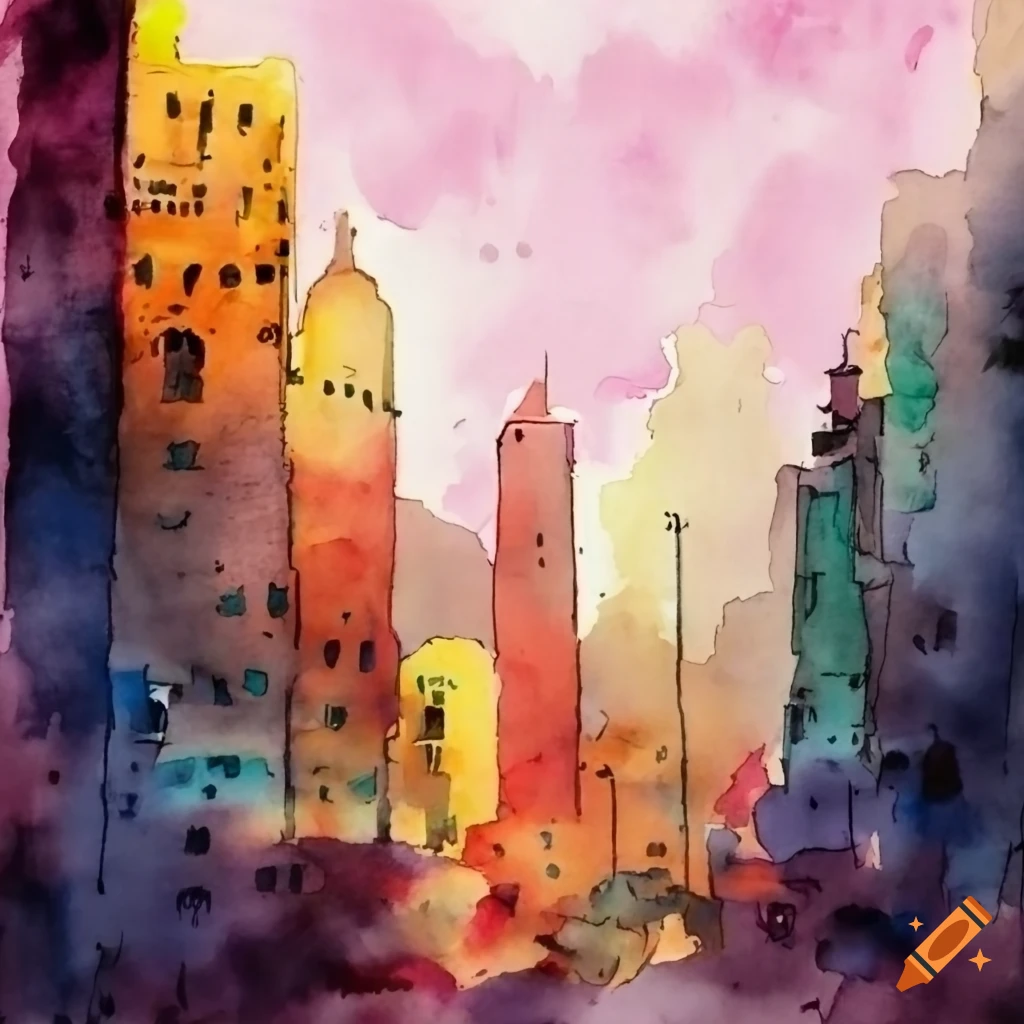Watercolor painting of a city skyline