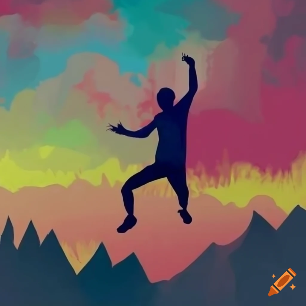expressionist silhouette of a man doing parkour in a mountain landscape
