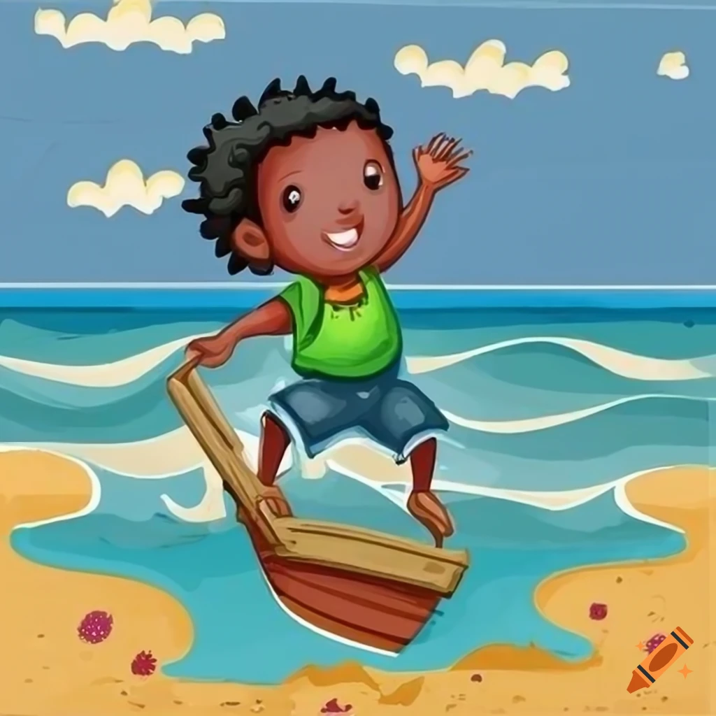 illustration of a boy jumping off a wooden boat onto a sandy beach