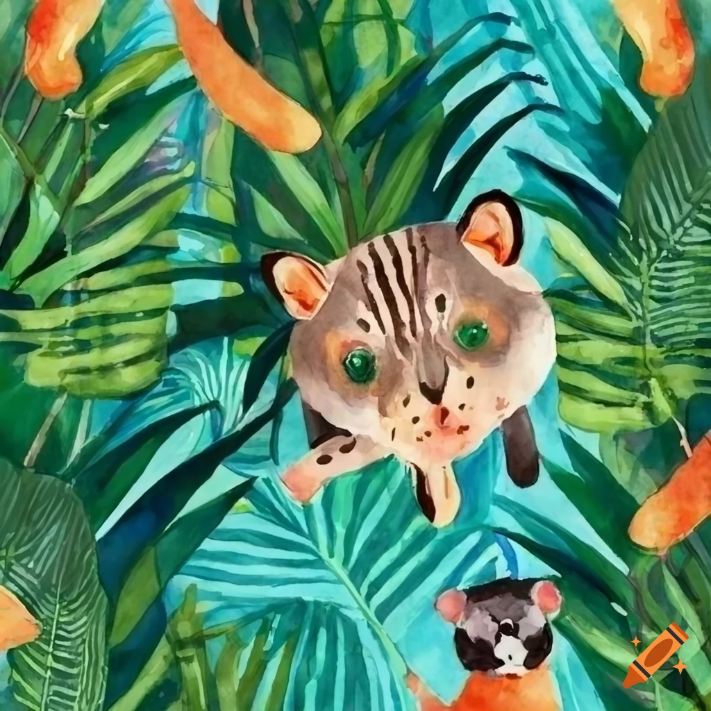 watercolor of a vibrant tropical jungle with animals