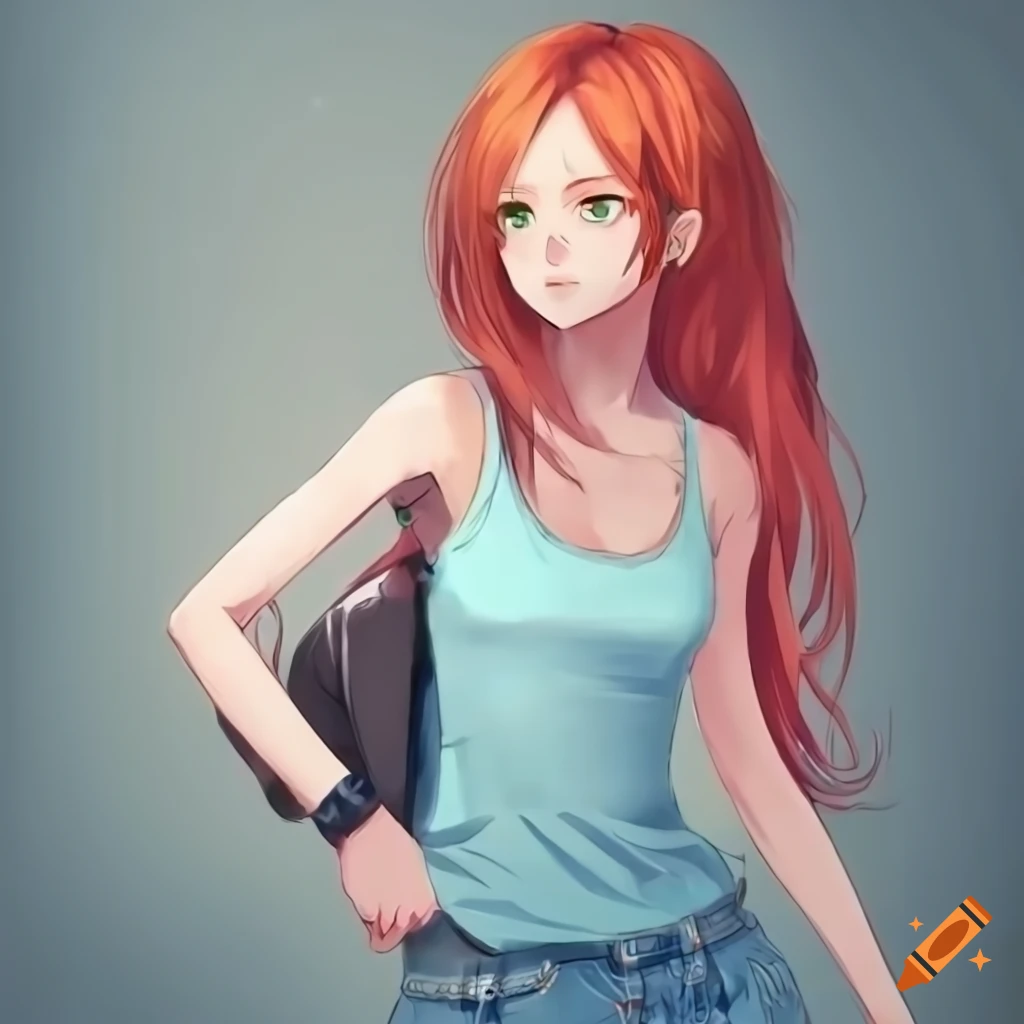 Anime girl with beautiful orange hair and green eyes on Craiyon