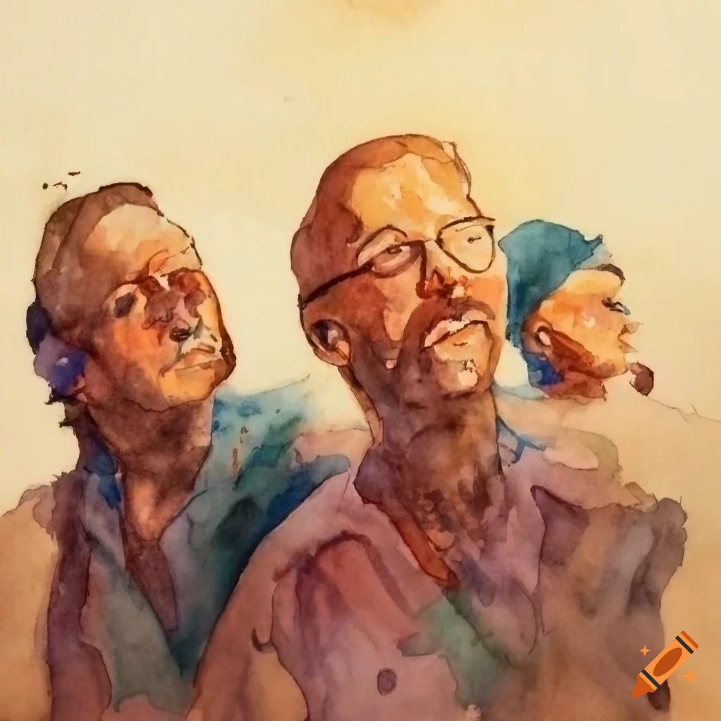 Watercolor painting of men looking up on Craiyon
