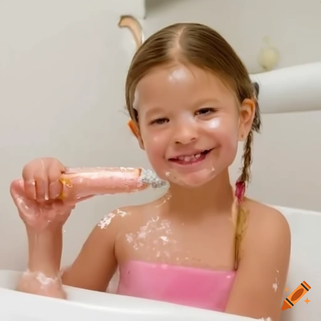 girl with pigtails enjoying a treat during bath time