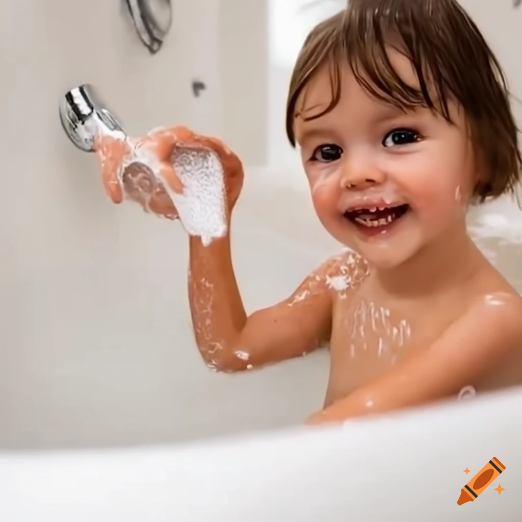cute toddler washing her feet in a soapy bath