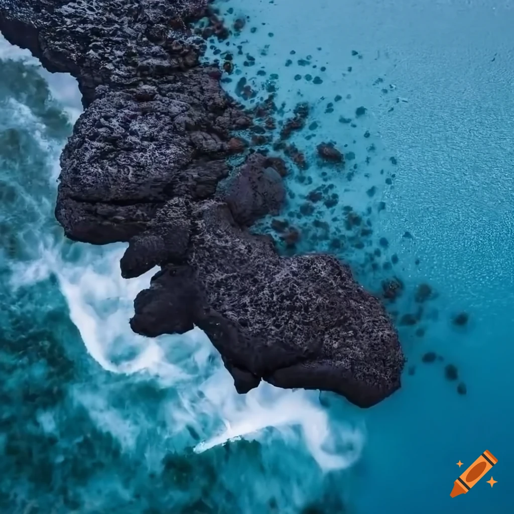 aerial view of a beach with black lava rock and dark water