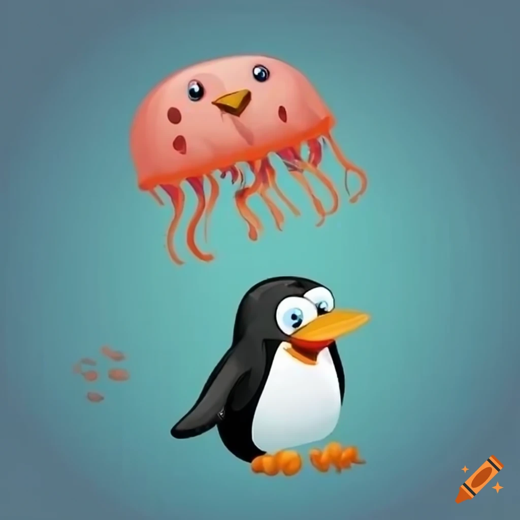 cartoon penguin meeting a jellyfish underwater